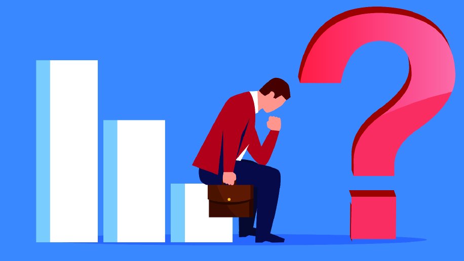 A stylized illustration of a businessman in a red blazer and holding a briefcase, sitting thoughtfully on a descending bar graph. Beside him is a large red question mark, representing uncertainty or decision-making. The bright blue background creates a stark contrast, highlighting the contemplative mood and the concept of navigating challenges or pondering solutions in a business context.