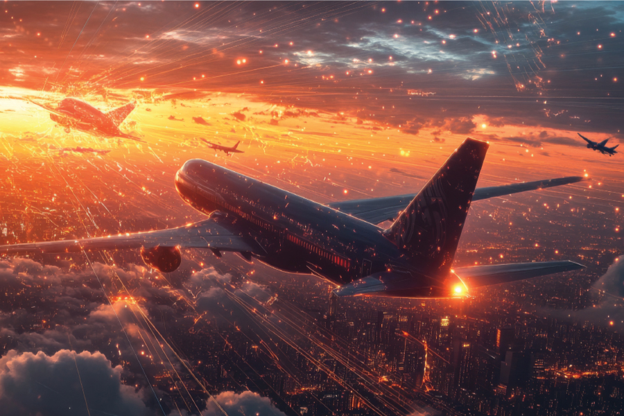 futuristic image of planes flying in the sky with visualized lights
