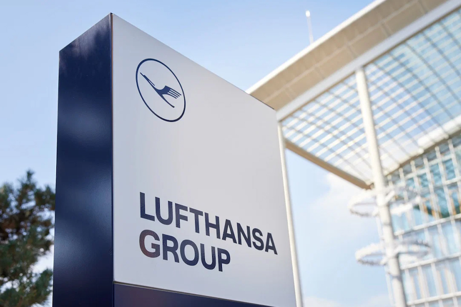 Lufthansa group logo outside building on sign