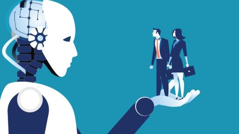 Cartoon of a robot holding business people in its hand.