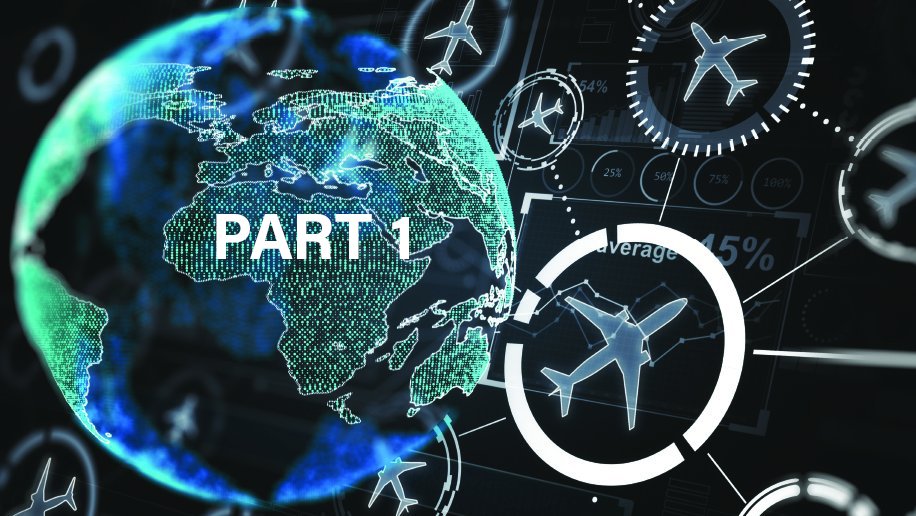 A digital representation of Earth surrounded by futuristic icons and graphics related to aviation. The image features airplanes, circular indicators, and data visualizations overlaid on a glowing blue-green globe with the text "PART 1" in bold white letters at the center. The background includes dynamic lines and graphs, creating a high-tech and global connectivity theme.