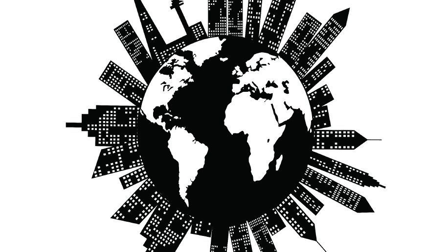 Black and white globe with building sticking out of it concentrically.