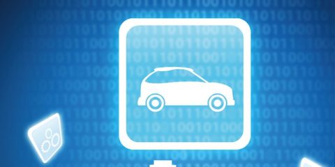A digital illustration features a glowing white outline of a car within a square on a blue background. Binary code ("1s" and "0s") forms a gradient in the backdrop, symbolizing digital technology. Surrounding the car are smaller illuminated icons, including gears, suggesting concepts of automation, smart technology, or digital transportation systems. The overall theme conveys innovation and the integration of technology in the automotive industry.