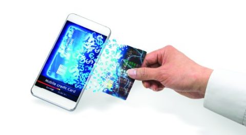 A hand holding a credit card near a smartphone, with a digital effect showing a stream of glowing numbers and symbols transferring from the card to the phone. The phone screen displays "Mobile Credit Card" and emits a futuristic blue glow, symbolizing digital payments, mobile transactions, and the evolution of financial technology. The background is white, emphasizing the interaction between the physical and digital worlds.