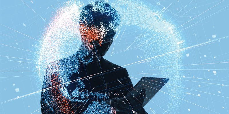 Silhouette of a person holding a tablet, surrounded by a glowing digital globe composed of data points, network lines, and light effects. The image represents global connectivity, digital communication, and data-driven technology.