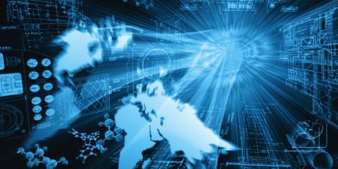 A digital composition featuring a bright blue abstract design symbolizing technology and innovation. The image includes a glowing world map overlayed with various digital schematics, molecular structures, and futuristic data visuals. Radiating light beams emerge from the center, suggesting energy, speed, or the dissemination of information. The artwork conveys themes of global connectivity, scientific advancements, and technological breakthroughs.
