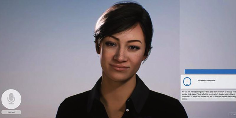 A virtual assistant interface featuring a realistic 3D-rendered woman with short, dark brown hair and a professional appearance. She is wearing a black shirt and is looking directly at the viewer with a subtle, confident smile. On the right side of the screen, there is a chatbot-style text box displaying a welcome message, addressing a user named "Jessica." A microphone icon is visible in the bottom-left corner, suggesting voice interaction capabilities. The interface appears modern and user-friendly, highlighting advancements in AI-driven customer support or virtual assistance.