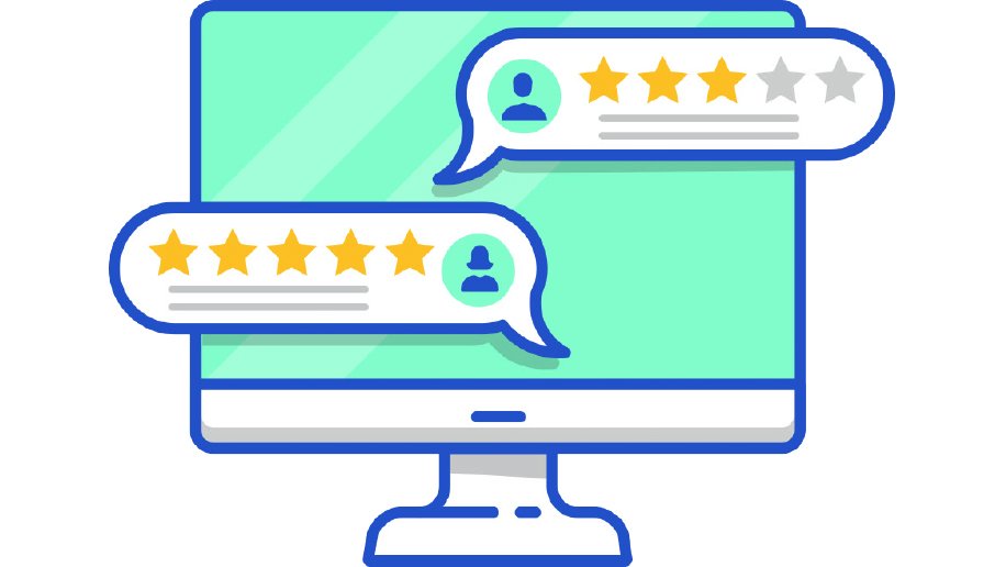 An illustration of a desktop computer monitor displaying two speech bubbles containing user feedback. One speech bubble shows a 5-star rating, while the other displays a 3-star rating, both accompanied by user icons. The image highlights the concept of online reviews and feedback, using a clean and minimalistic design with shades of green, blue, and yellow.