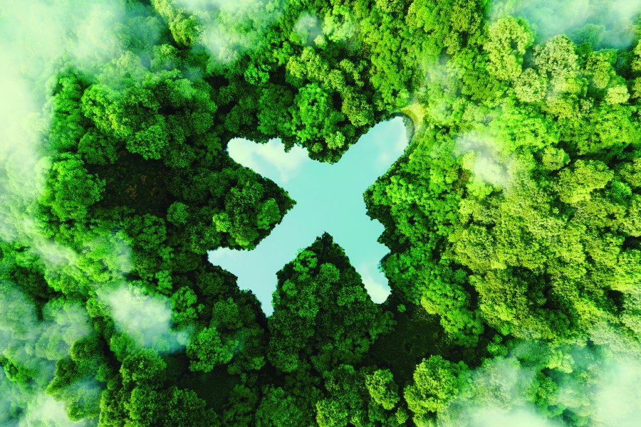 An aerial view of a lush green forest with a clear blue body of water in the shape of an airplane. The surrounding mist and dense greenery highlight the connection between travel and environmental sustainability, symbolizing eco-friendly tourism or green travel initiatives.