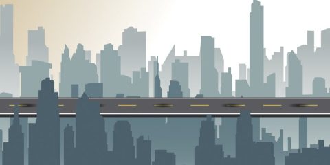 An abstract urban cityscape illustration featuring a high bridge with a road running across it. The skyline is composed of stylized skyscrapers in muted gray tones, creating a modern, minimalist backdrop. The bridge appears elevated, highlighting infrastructure and transportation themes.