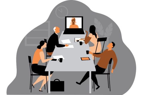 Illustration of four people sitting around a table in a meeting. Three individuals are physically present, engaged in discussion, while one person appears virtually on a laptop screen. The room has a clock, some plants in the background, and work items like papers, coffee cups, and a tablet on the table. The image represents a hybrid work meeting.