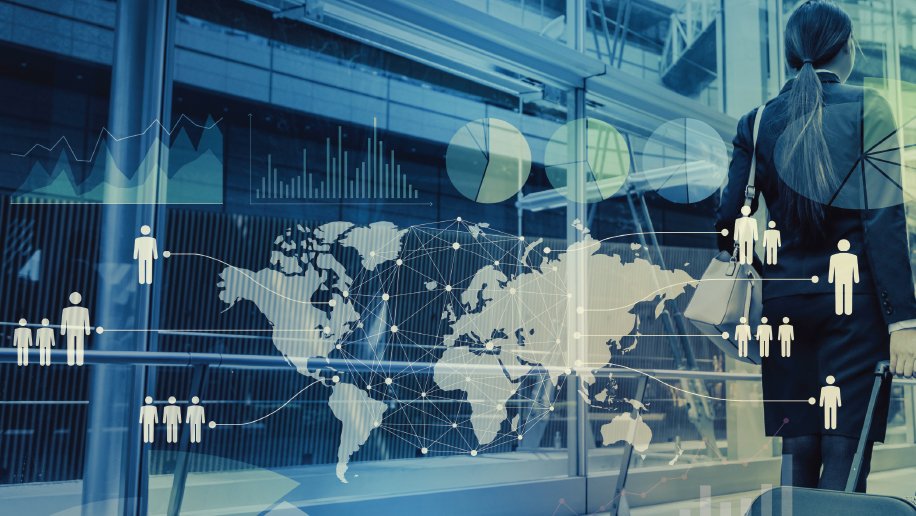 Map overlayed on a traveler walking.