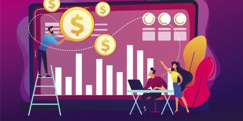 An illustration of three individuals working collaboratively on a large digital interface displaying bar charts, dollar symbols, and data visualizations. One person is on a ladder adjusting a giant coin icon, another is seated at a laptop analyzing the data, and the third is pointing at the screen while engaged in discussion. The vibrant purple and pink gradient background adds a dynamic and modern touch, emphasizing themes of financial analysis, teamwork, and innovation.