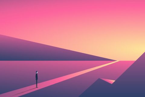 A minimalist illustration of a lone figure standing at the start of a long, glowing pink pathway that stretches toward a bright horizon. The landscape is framed by geometric shapes resembling mountains under a gradient sky of pink, orange, and yellow, symbolizing a journey, hope, or new beginnings. The scene exudes a sense of calm and purpose.