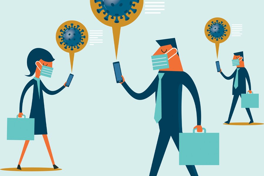 An illustration depicting business professionals wearing face masks and carrying briefcases. Each individual is engrossed in their smartphones, with thought bubbles containing images of the COVID-19 virus, symbolizing pandemic-related concerns or news. The color scheme features soft blues and greens with an orange accent for contrast, creating a modern, clean design reflective of the COVID-19 era's tech-driven communication and work environment.