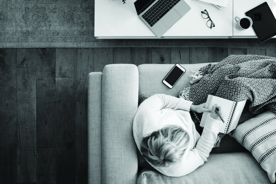 Working from home on the couch.