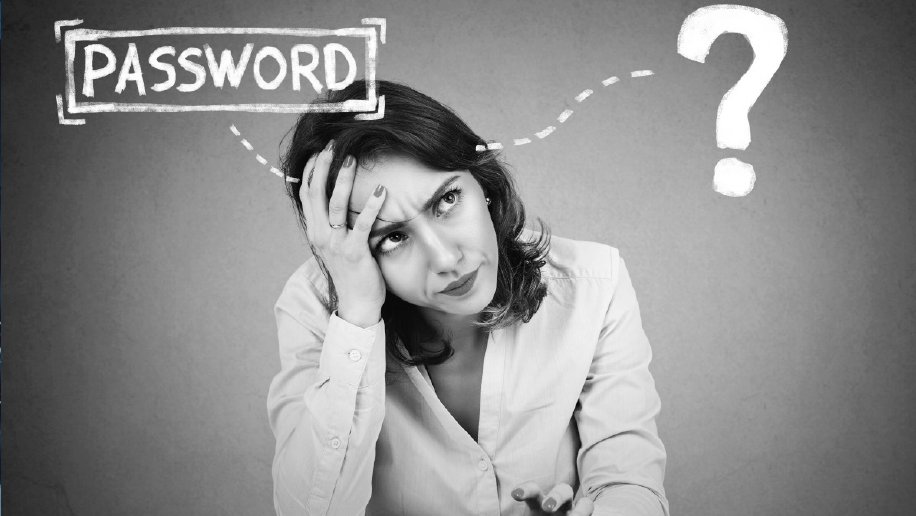 Black and white photo of a woman contemplating her password security.