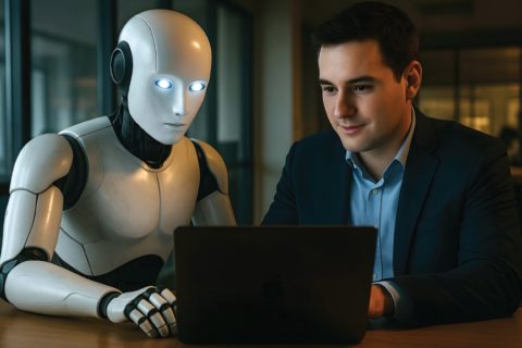 robot and human looking at laptop computer