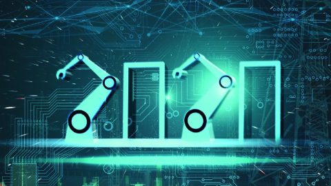 A digital illustration of futuristic robotic arms forming the numbers "2020." The design is set against a background of glowing circuit board patterns and data lines, emphasizing innovation, automation, and technological advancements. The robotic arms are sleek and modern, symbolizing the role of robotics and AI in shaping industry and technology.
