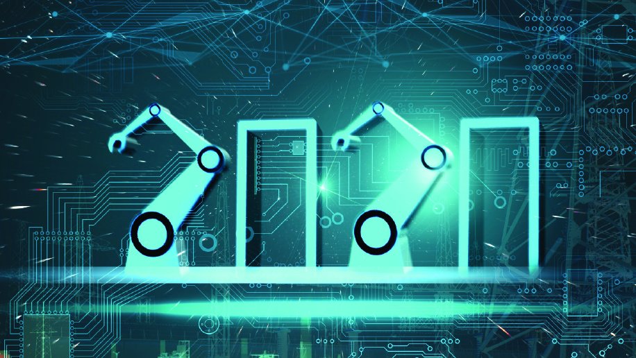 A digital illustration of futuristic robotic arms forming the numbers "2020." The design is set against a background of glowing circuit board patterns and data lines, emphasizing innovation, automation, and technological advancements. The robotic arms are sleek and modern, symbolizing the role of robotics and AI in shaping industry and technology.