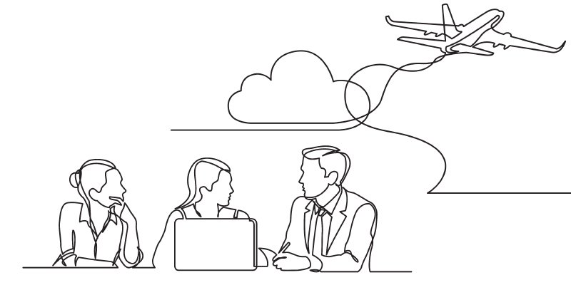 A minimalist line art illustration depicting three business professionals in a meeting, symbolized by a woman and two men seated at a table with a briefcase. Above them, a cloud and an airplane soaring into the sky signify business travel. The continuous line style adds a modern and conceptual feel, blending corporate engagement with the theme of travel and connectivity.