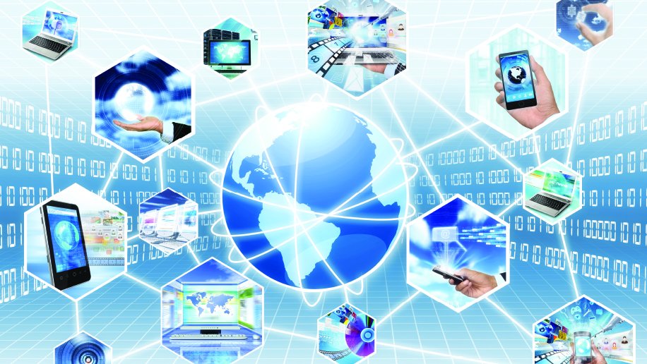 A digital representation of global connectivity showcasing a glowing blue globe at the center, surrounded by hexagonal panels featuring various technological devices such as smartphones, laptops, servers, and multimedia elements. White interconnected lines and binary code in the background highlight themes of digital communication, networking, and technology integration across the world.
