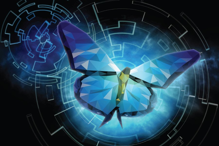 A geometric, low-poly butterfly rendered in shades of blue and green hovers in the center of a dark, futuristic background. Surrounding the butterfly are glowing circular patterns and abstract technological symbols, evoking a theme of transformation, innovation, and technological evolution.