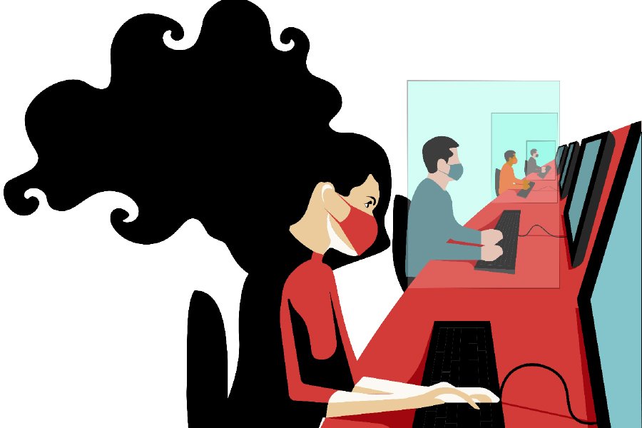 A digital illustration of a workplace environment where employees are working on computers. In the foreground, a woman with long curly hair wears a red outfit and a matching face mask. Behind her, additional workers, both male and female, sit at their desks, separated by clear partitions and wearing masks. The setting emphasizes pandemic-era workplace safety protocols.