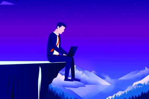 A stylized illustration of a man in business attire sitting on the edge of a cliff with a laptop, working remotely. The background features a serene mountain landscape under a purple twilight sky, symbolizing freedom, remote work, and balance between nature and technology.
